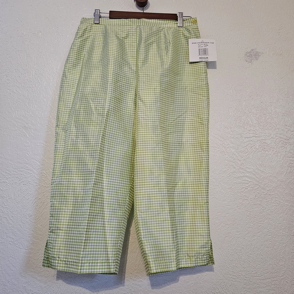 Vintage 100% Silk Erin London Green Gingham Capris